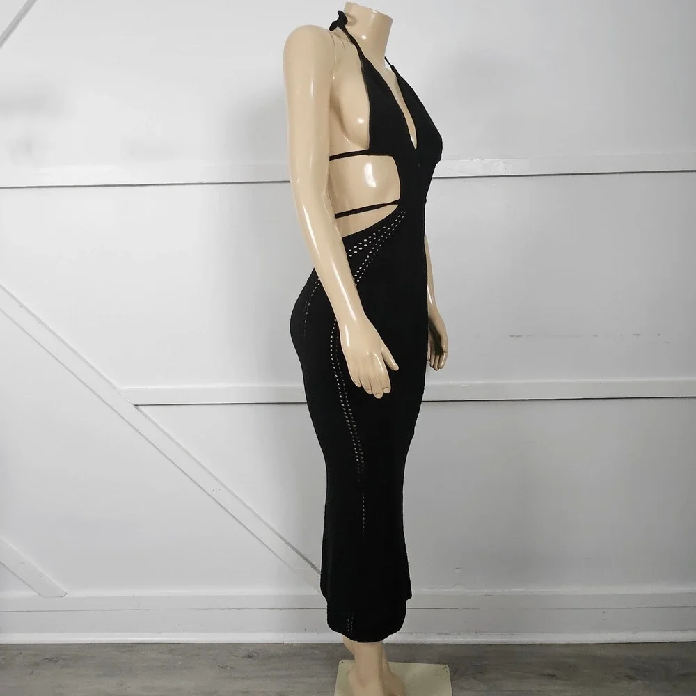 Babyboo Arabella Black Crochet Knit Halter Midi Dress Side Cutouts Women Small - Picture 6 of 11